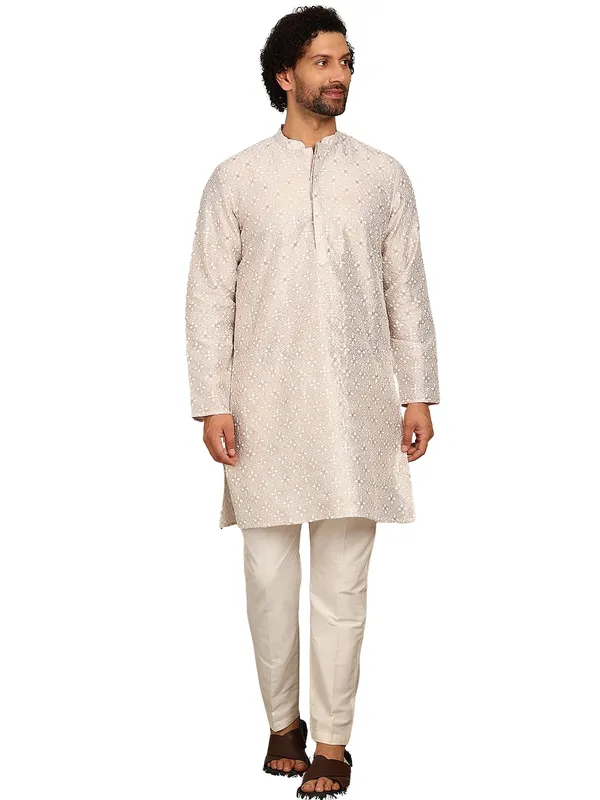 Beige_Thread_Embroidered_Straight_Kurta_With_Pyjama