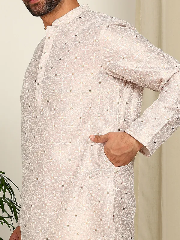 Beige_Thread_Embroidered_Straight_Kurta_With_Pyjama