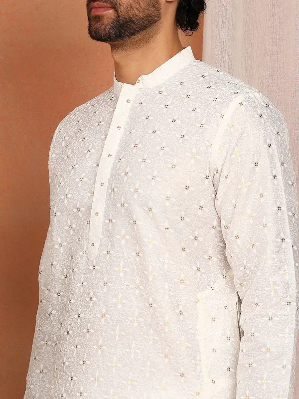 White_Sequin_Embroidered_Straight_Kurta_With_Pyjama