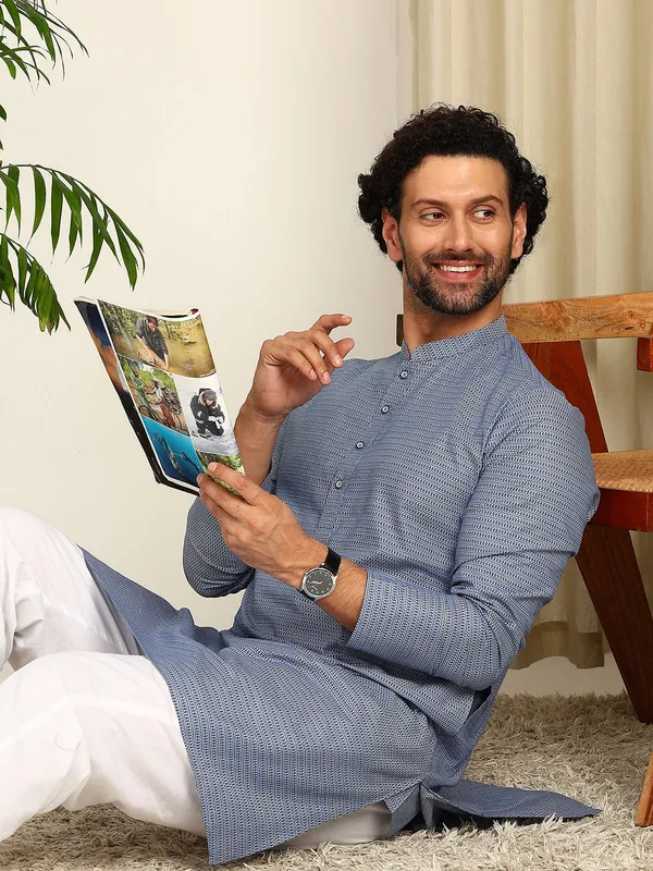 Blue_Woven_Checked_Straight_Kurta_With_Pyjama