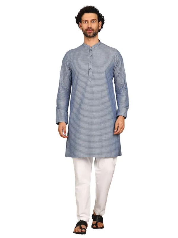 Blue_Woven_Checked_Straight_Kurta_With_Pyjama