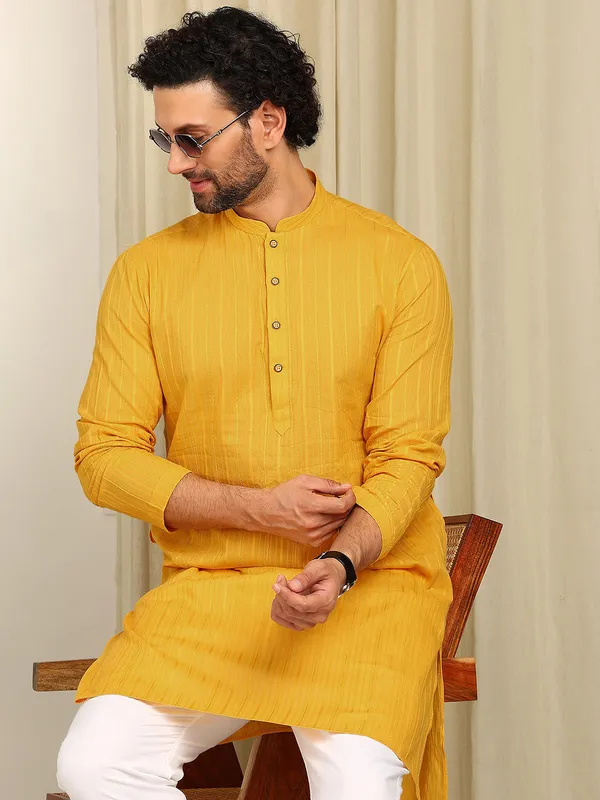 Mustard_Thread_Worked_Cotton_Straight_Kurta_With_Pyjama