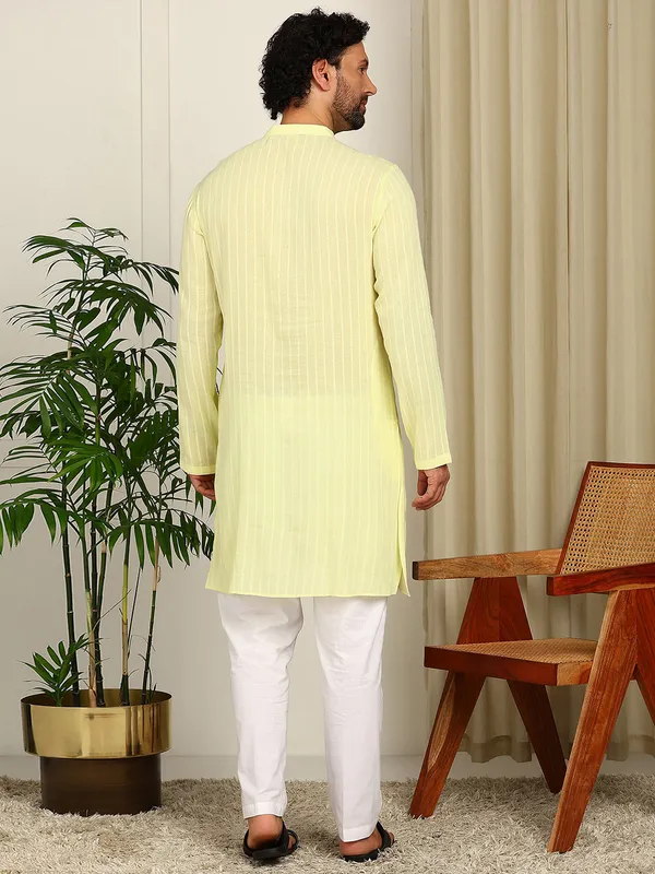 Lime_Woven_Striped_Straight_Kurta_With_Pyjama
