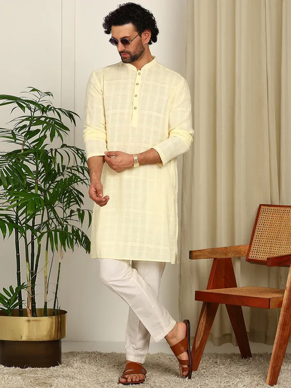 Cream_Thread_Worked_Cotton_Straight_Kurta_With_Pyjama