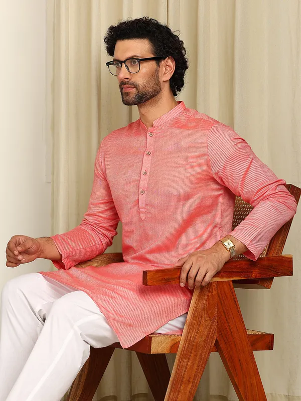 Pink_Woven_Striped_Silk_Straight_Kurta_With_Pyjama