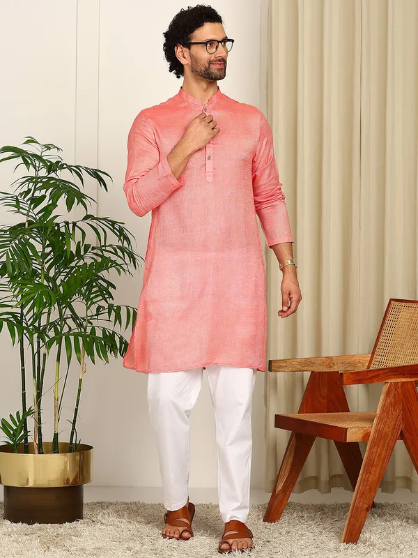 Pink_Woven_Striped_Silk_Straight_Kurta_With_Pyjama