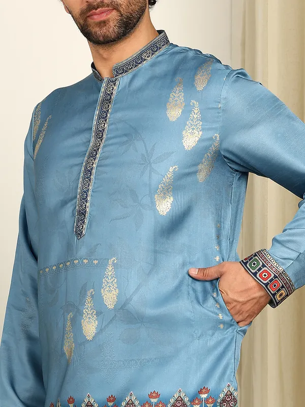 Blue_Self-Printed_Straight_Kurta_With_Pyjama
