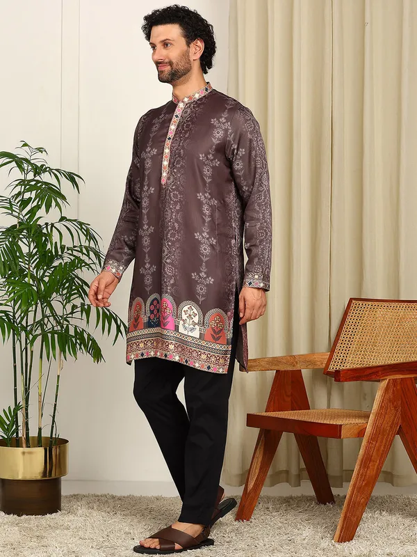 Brown_Foil_Printed_Straight_Kurta_With_Pyjama