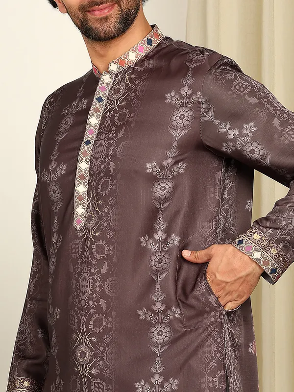 Brown_Foil_Printed_Straight_Kurta_With_Pyjama