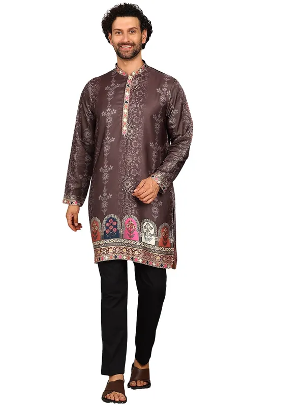 Brown_Foil_Printed_Straight_Kurta_With_Pyjama