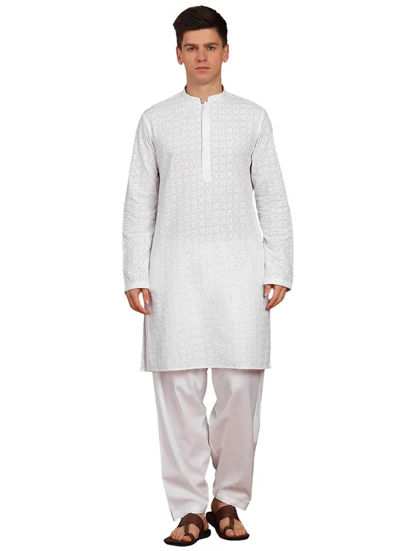 Men_White_Chikankari_Embroidered_Straight_Kurta_With_Salwar