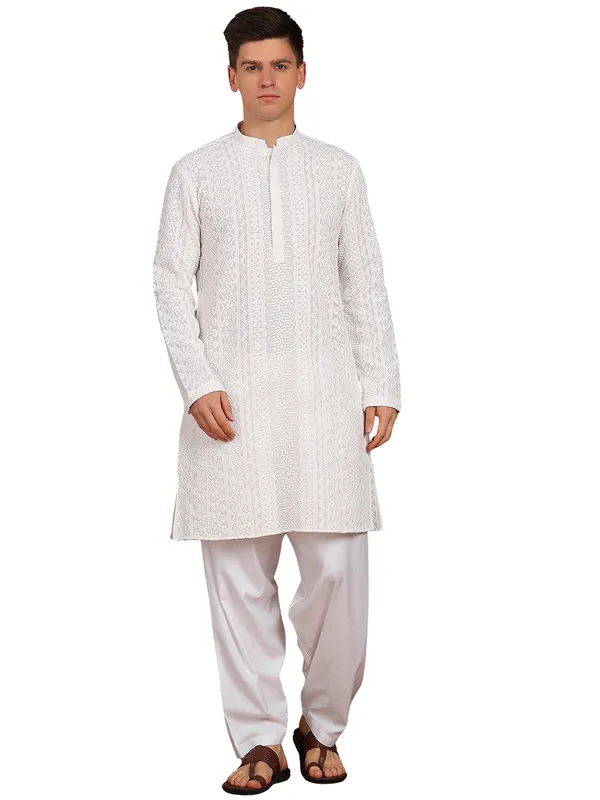 Men_White_Chikankari_Embroidered_Straight_Kurta_With_Salwar