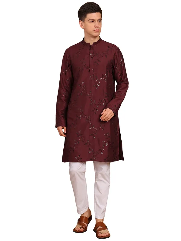 Men_Maroon_Sequins_Leaf_Straight_Kurta