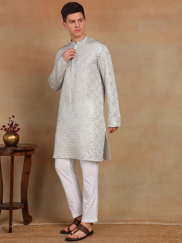 Men_White_Sequins_Embroidered_Straight_Kurta_With_Pyjama