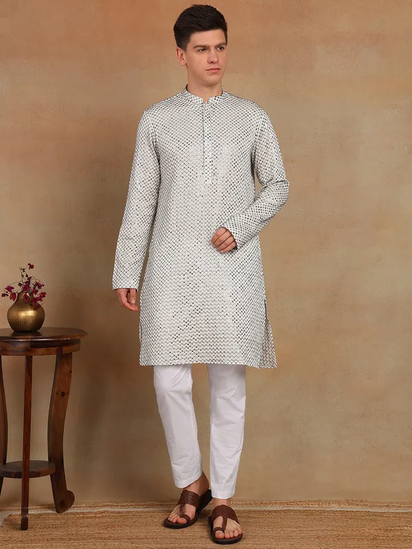 Men_White_Sequins_Embroidered_Straight_Kurta_With_Pyjama