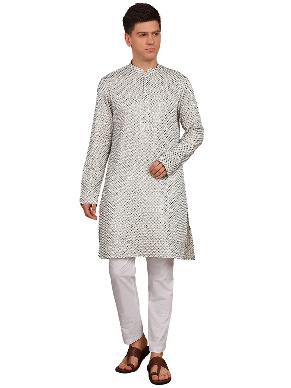 Men_White_Sequins_Embroidered_Straight_Kurta_With_Pyjama