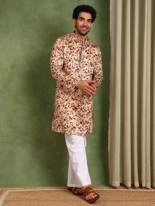Men_Beige_Floral_Printed_Floral_Satin_Kurta