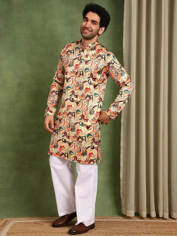 Men_Beige_Chanderi_Silk_Straight_Printed_Kurta_With_Pyjama