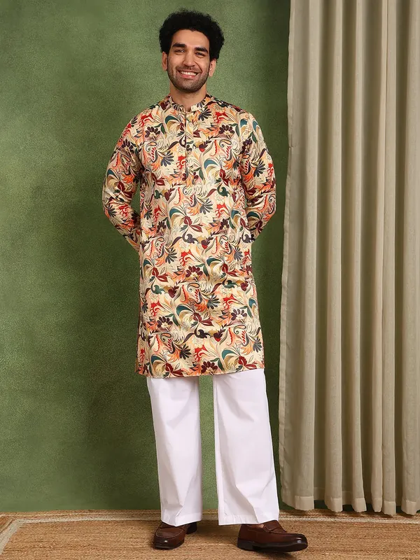 Men_Beige_Floral_Printed_Floral_Chanderi_Silk_Kurta