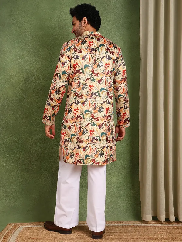 Men_Beige_Floral_Printed_Floral_Chanderi_Silk_Kurta