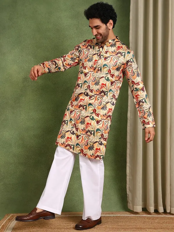 Men_Beige_Floral_Printed_Floral_Chanderi_Silk_Kurta