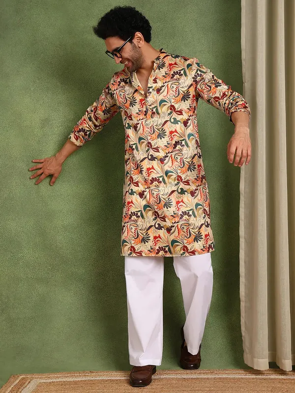 Men_Beige_Floral_Printed_Floral_Chanderi_Silk_Kurta