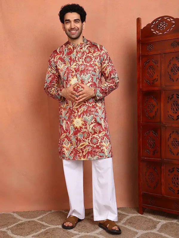 Men_Maroon_Cotton_Satin_Straight_Printed_Kurta_With_Pyjama