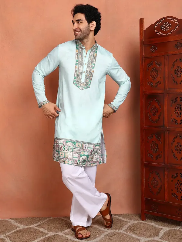 Men_Pista_Green_Chanderi_Silk_Straight_Yoke_Design_Kurta_With_Pyjama