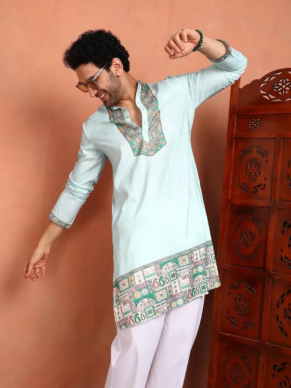 Men_Pista_Green_Chanderi_Silk_Straight_Yoke_Design_Kurta_With_Pyjama