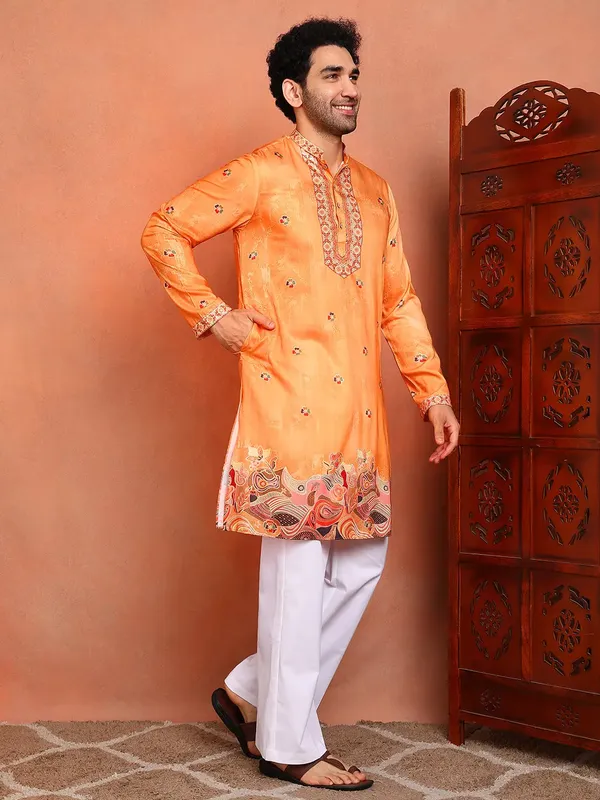 Men_Orange_Chanderi_Silk_Straight_Yoke_Design_Kurta_With_Pyjama