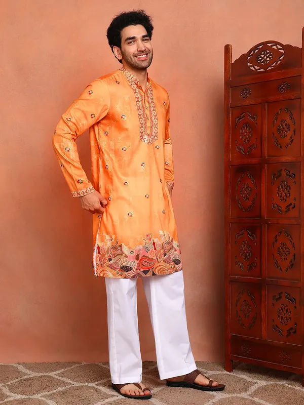 Men_Orange_Chanderi_Silk_Straight_Yoke_Design_Kurta_With_Pyjama