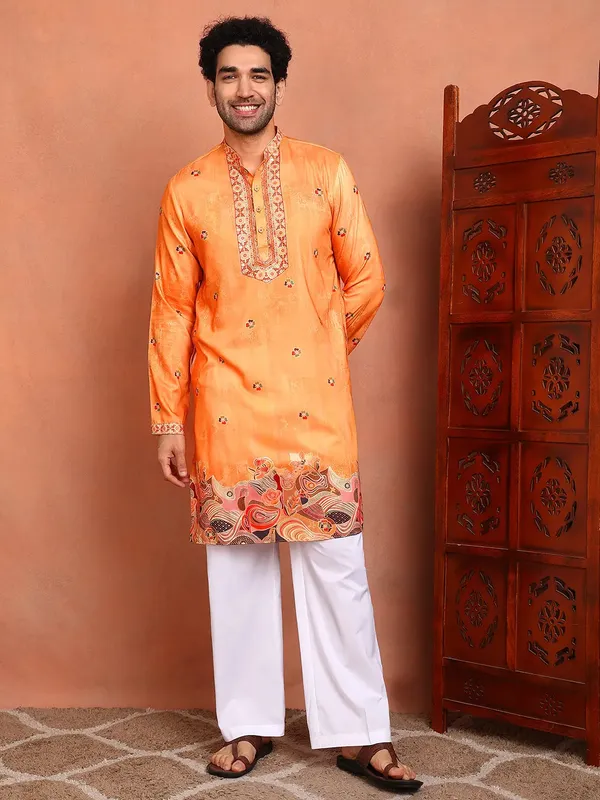 Men_Orange_Chanderi_Silk_Straight_Yoke_Design_Kurta_With_Pyjama