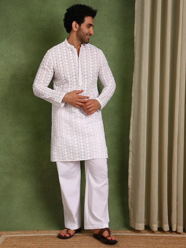 Men_White_Embroidered_Cotton_Straight_Kurta_With_Pyjama