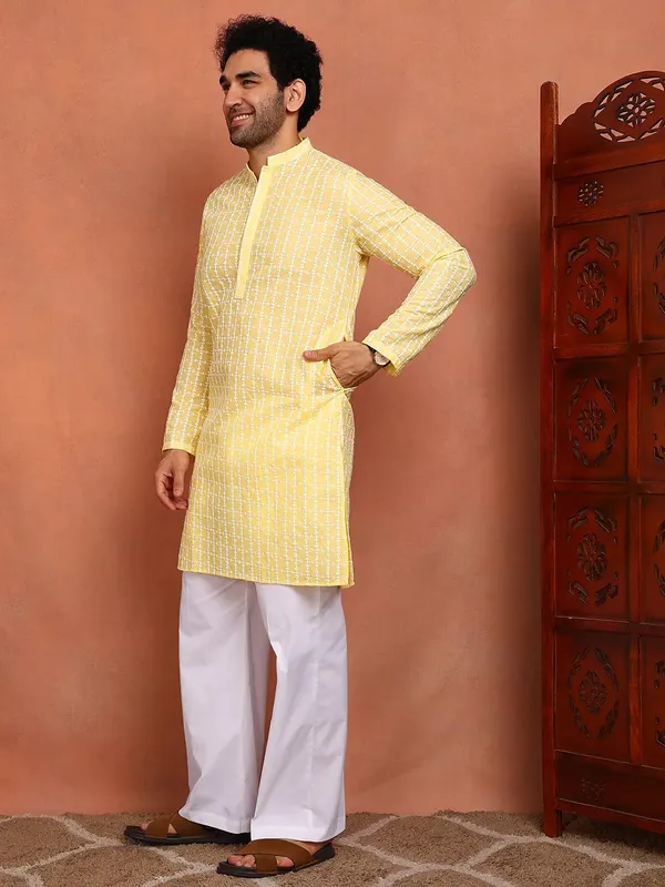 Men_Yellow_Embroidered_Cotton_Straight_Kurta_With_Pyjama