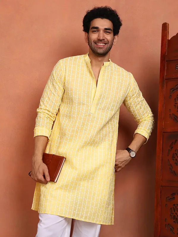 Men_Yellow_Embroidered_Cotton_Straight_Kurta_With_Pyjama