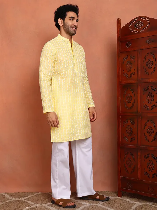 Men_Yellow_Embroidered_Cotton_Straight_Kurta_With_Pyjama