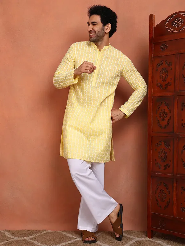 Men_Yellow_Embroidered_Cotton_Straight_Kurta_With_Pyjama