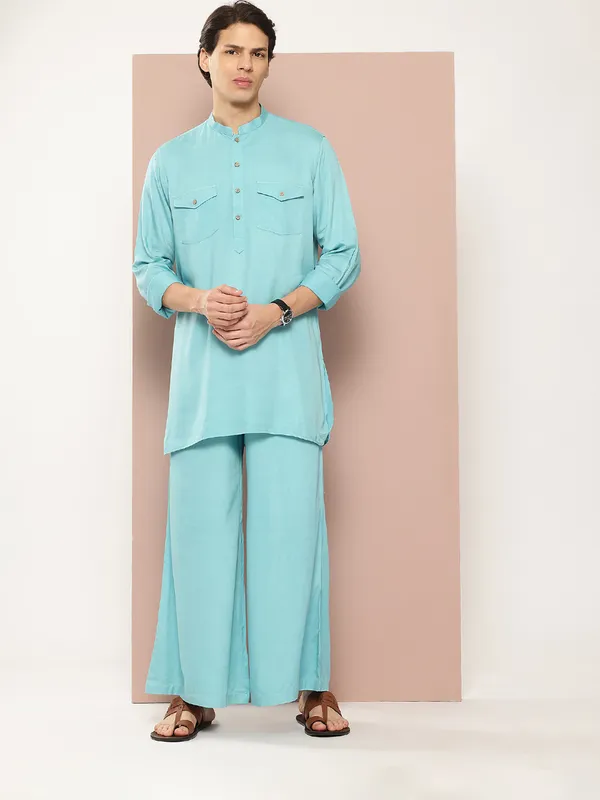 Men_Turquoise_Rayon_Solid_Pathani_Sets