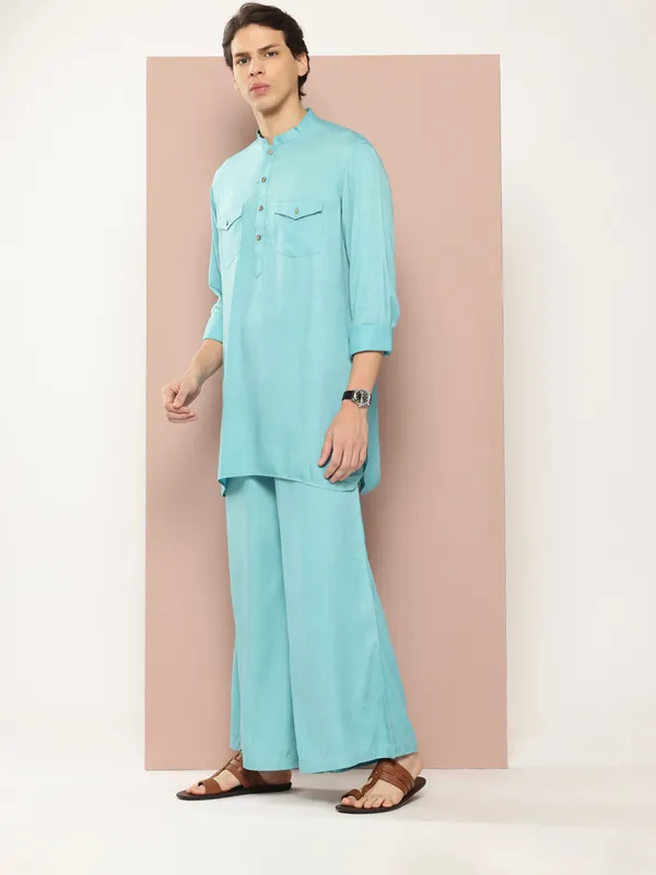 Men_Turquoise_Rayon_Solid_Pathani_Sets