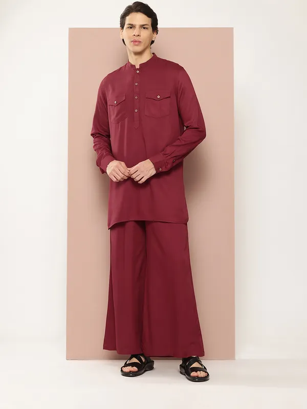 Men_Maroon_Rayon_Solid_Pathani_Sets