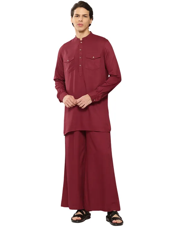 Men's_Maroon_Rayon_Solid_Pathani_Set