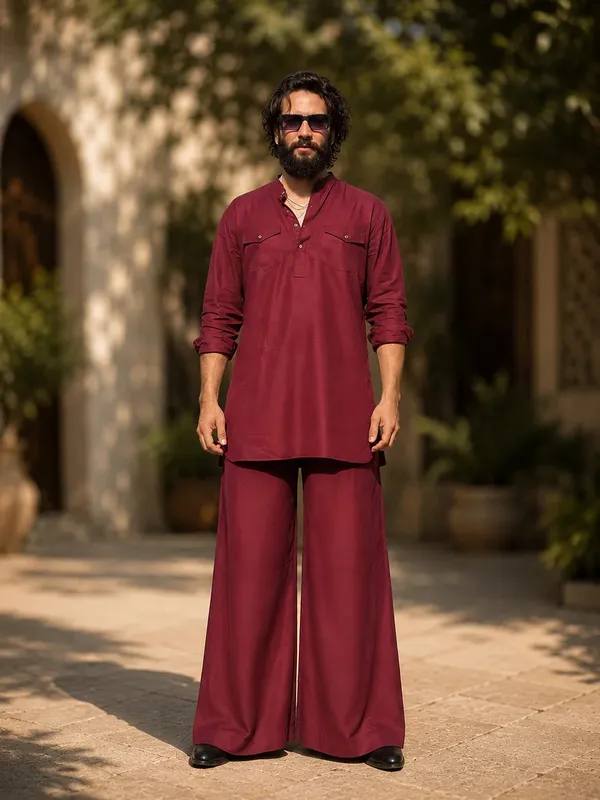 Men's_Maroon_Rayon_Solid_Pathani_Set