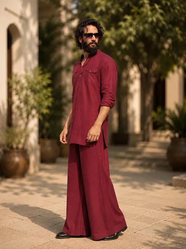 Men's_Maroon_Rayon_Solid_Pathani_Set