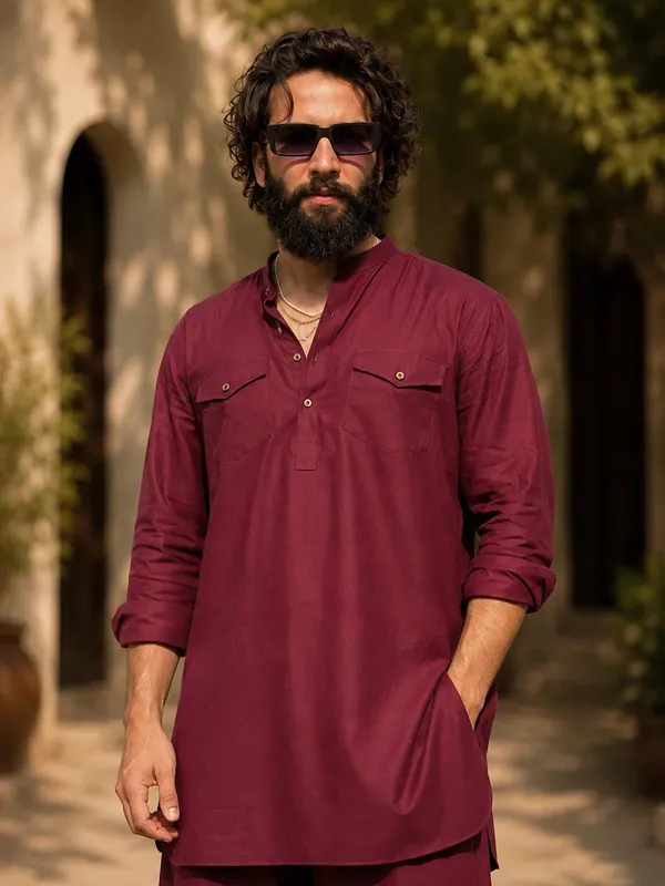 Men's_Maroon_Rayon_Solid_Pathani_Set