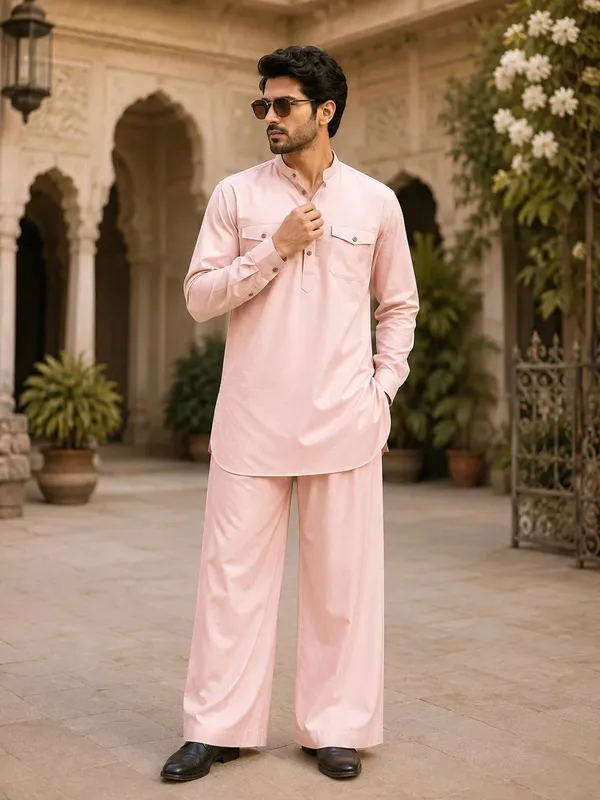 Men's_Pink_Rayon_Solid_Pathani_Set