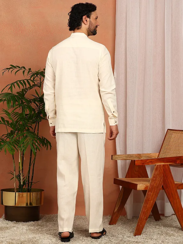 Men'S_Cream_Linen_Solid_Pathani_Set