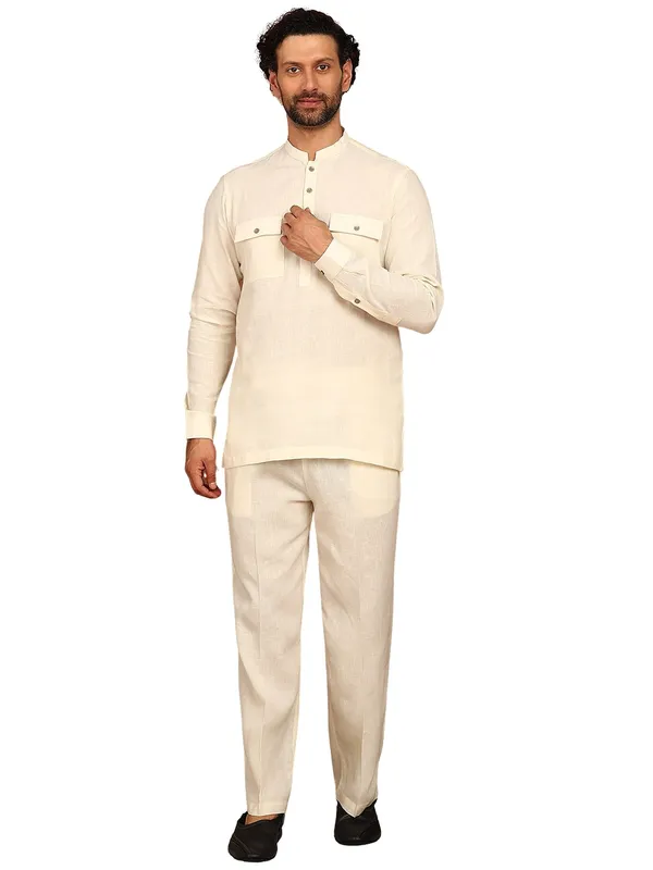 Men'S_Cream_Linen_Solid_Pathani_Set