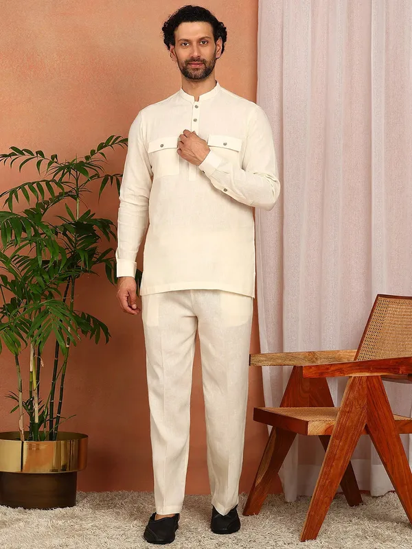 Men's_Cream_Linen_Solid_Pathani_Co-ord_Set