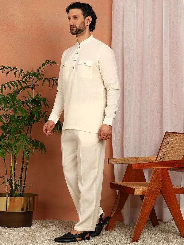 Men's_Cream_Linen_Solid_Pathani_Co-ord_Set
