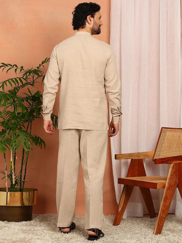Men's_Beige_Linen_Solid_Pathani_Co-ord_Set